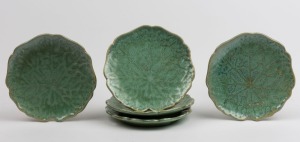 NELLIE McCREDIE set of five green glazed leaf plates, incised "McCredie, N.S.W.", 19cm wide