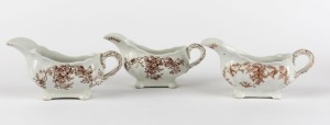 DOULTON BURSLEM "Wattle" pattern set of three antique English porcelain gravy boats, 19th century, stamped "Doulton Burslem, England, Wattle", ​​​​​​​10cm high, 20cm long