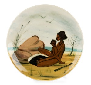 MARTIN BOYD pottery plate with Aboriginal mother and child holding a coolamon, incised "Martin Boyd, Australia", 26.5cm diameter