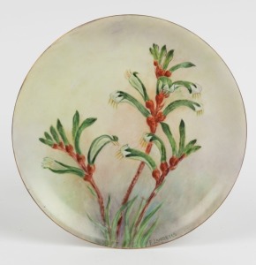 FLORA LANDELLS "Kangaroo Paws" hand-painted porcelain plate, signed "Kangaroo Paws W.A. Wild Flowers, Hand Painted", ​​​​​​​21.5cm diameter