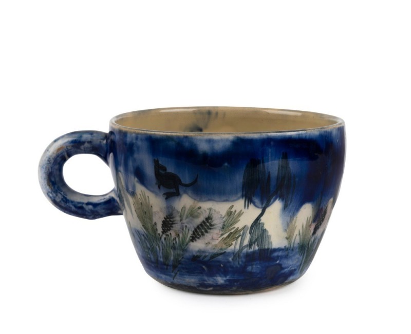 NEIL DOUGLAS pottery teacup decorated with kangaroos in bush scene landscape, signed "Neil Douglas, A.M. Boyd", 7cm high, 13cm wide