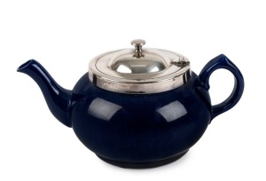 ROBUR blue ceramic teapot with silver plated mount and infuser, ​​​​​​​13cm high, 26cm wide