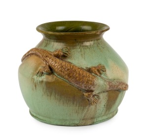 REMUED green glazed pottery vase with applied lizard, incised "Remued 37Z", 14cm high, 17cm wide
