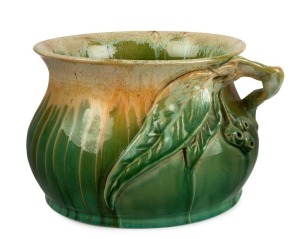 REMUED green glazed pottery vase with applied gumnuts and leaves, incised "Remued Hand Made 269M", 15cm high, 22cm wide