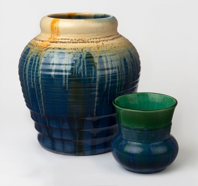 REMUED blue glaze pottery vase together with a blue and green glaze pottery vase, 21cm and 10cm high