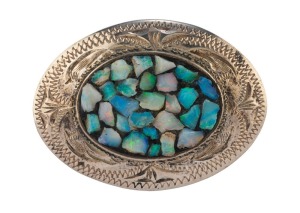 SCANDIA vintage Australian sterling silver oval brooch set with opal chips, by JOHN EISEN, mid 20th century, stamped "Scandia, Sterling", 4cm wide