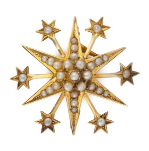 WILLIS & SONS Melbourne, impressive 15ct yellow gold star brooch set with seed pearls, 19th century, stamped "15, W." with pictorial mark, ​​​​​​​3.5cm wide, 5.7 grams