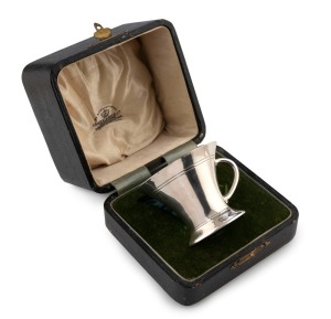 HARDY BROTHERS antique sterling silver christening mug in original plush fitted box emblazoned "By Appointment, HARDY BROS. Ltd. Jewellers Sydney & Brisbane, Made In England", 6cm high, 72 grams