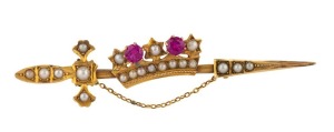 ARONSON & Co. Melbourne crown and sword bar brooch, 9ct gold and seed pearls with red stones, 19th century, stamped "9" with pictorial maker's marks, 7.5cm wide, 4.5 grams