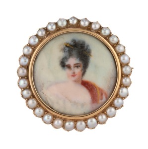 An antique circular brooch with hand-painted female miniature portrait set in high carat yellow gold, surrounded with seed pearls and housed in a "WILLIAM DRUMMOND & Co JEWELLERS, MELBOURNE" plush box, 19th century, 2.5cm diameter, 7.9 grams total