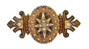 A stunning Colonial yellow gold brooch set with seed pearls and a rose cut diamond with enamel highlights, most likely Melbourne origin, 19th century, tests as 18ct gold or higher, 4.5cm wide, 11 grams total