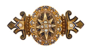 A stunning Colonial yellow gold brooch set with seed pearls and a rose cut diamond with enamel highlights, most likely Melbourne origin, 19th century, tests as 18ct gold or higher, 4.5cm wide, 11 grams total