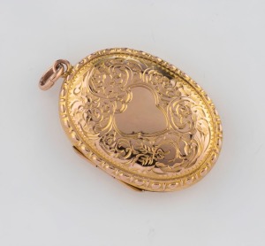 An antique 9ct yellow gold fob locket with engraved decoration, circa 1900, ​​​​​​​3.5cm high, 6.5 grams total