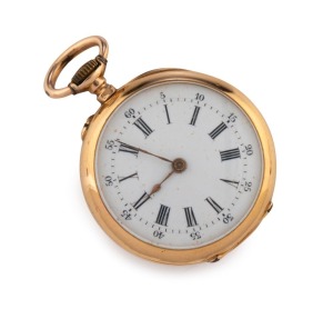 CAPTAIN SIR CHARLES FREMANTLE INTEREST. A fine lady's antique fob watch, 15ct gold full hunter adorned with sapphire and diamonds, crown wind with Roman numerals. Engraved "L.H.F. March 8th, 1892". This piece belonged to LOUISA FREMANTLE, niece of Captain Fremantle who is noted as establishing the first British settlement on the Swan River in Western Australia. 3.5cm high overall