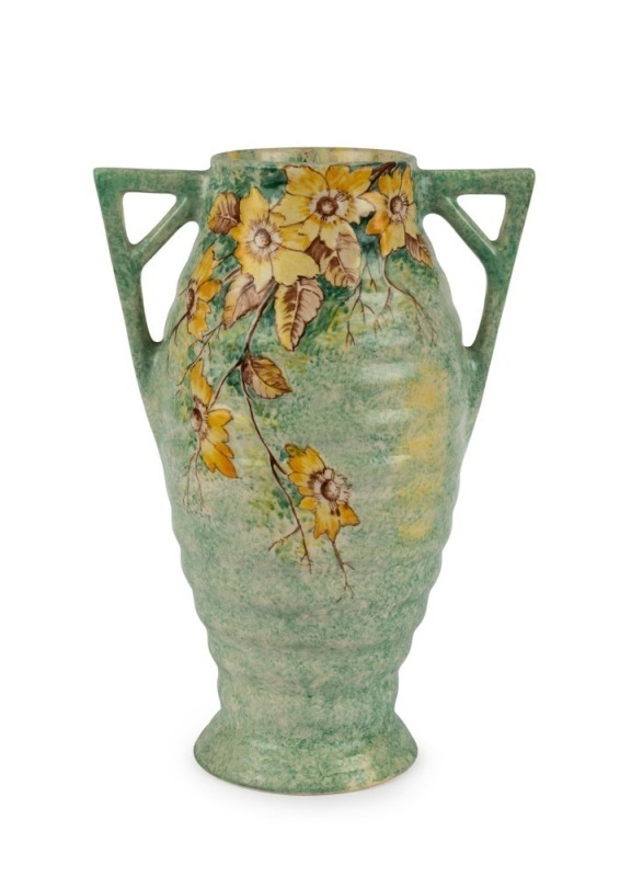 NEWTONE POTTERY green glazed floral vase by DAISY MERTON, black factory mark to base "Newtone Pottery, Sydney, Hand Painted", ​​​​​​​26.5cm high