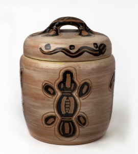REG PRESTON pottery canister with Aboriginal designs, signed "Preston", 22cm high