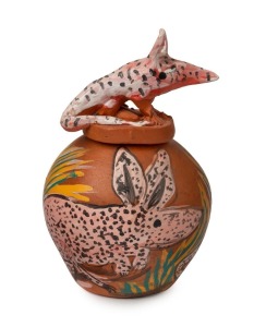 VIRGINIA RONTJI Hermannsburg school pottery lidded vase with bilby top, incised "Virginia Rontji", ​​​​​​​16cm high