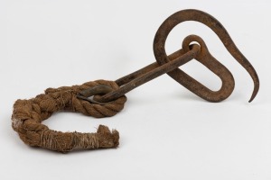Goldfields mine shaft safety hook, designed for hauling buckets, 19th century, 60cm high overall with rope attached