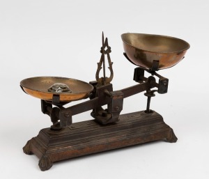 Antique scales and weights, late 19th century, 21cm high, 32cm wide