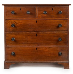 An important and early Colonial cedar chest of drawers, Hobart, Tasmanian origin, circa 1815-1825. A stunning and refined example inspired by the first period Hepplewhite style with five drawers, bracket feet and neat square form. Handsome Georgian proportions 104cm high, 106cm wide, 49cm deep.