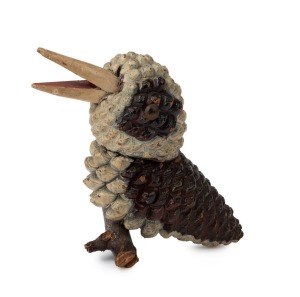 Australian folk art kookaburra ornament, painted pinecone, wood and metal, early 20th century, 14cm high, 20cm long