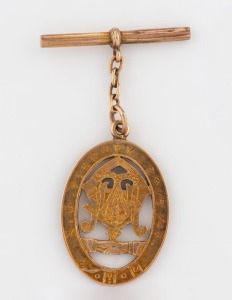 "UNITED COMMERCIAL TRAVELLERS ASSOCIATION OF AUSTRALIA" 9ct yellow gold fob engraved to "K.V. PIERSEY, 23/5/47", 5cm, 6.5 grams
