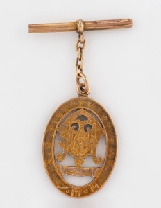 "UNITED COMMERCIAL TRAVELLERS ASSOCIATION OF AUSTRALIA" 9ct yellow gold fob engraved to "K.V. PIERSEY, 23/5/47", 5cm, 6.5 grams