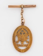 "UNITED COMMERCIAL TRAVELLERS ASSOCIATION OF AUSTRALIA" 9ct yellow gold fob engraved to "K.V. PIERSEY, 23/5/47", 5cm, 6.5 grams - 2