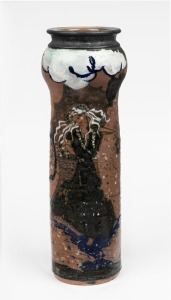 JAM FACTORY POTTERY (Adelaide) tall studio pottery vase with female dancing portrait, incised "J. Factory, 13th yr. S.K.", 39cm high