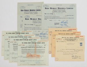 SHARE CERTIFICATES: 1959 for Reid Murray Holdings Limited (3), 1959 for The Papuan Aninaipi Petroleum Company Ltd (5) and 1964-68 for Mount Isa Mines Limited (10), the latter with Queensland Adhesive Duty stamp attached. (18 items)