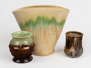 REMUED pottery vase, NEWTONE POTTERY and a brown glazed pottery vase, (3 items), the largest 25.5cm high