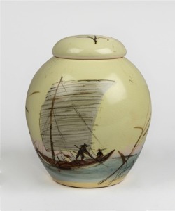 MARTIN BOYD pottery ginger jar with hand-painted Chinese boating scene, incised "Martin Boyd, Australia", ​​​​​​​20cm high