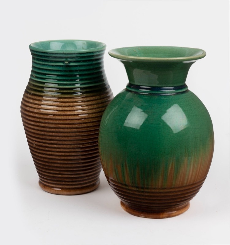 BENDIGO POTTERY, two green and brown glazed vases with ribbed decoration, stamped "No.13", and "BENDIGO POTTERY No.18", ​​​​​​​21cm high