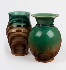 BENDIGO POTTERY, two green and brown glazed vases with ribbed decoration, stamped "No.13", and "BENDIGO POTTERY No.18", 21cm high