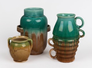 BENDIGO POTTERY, three green and brown glazed vases all with handles, 23.5cm, 22.5cm and 11cm high. PROVENANCE: Private Collection Bendigo