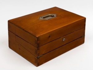 BANK OF NEW SOUTH WALES INTEREST. Fine antique writing box, polished pine with impressively fitted leather interior and original key, brass inscription plate reads "Presented To Mr George Eddington By His Brother Officers In The Bank Of New South Wales, L