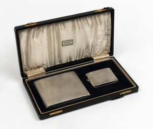 HARDY BROTHERS: sterling silver art deco cigarette and vesta cases, both hallmarked Birmingham 1923, housed in a Drummond's (Melbourne) presentation box; total silver weight 160 grams