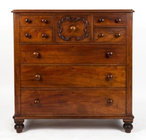 An antique Australian cedar seven drawer chest of drawers with cedar and red pine secondaries, circa 1880, ​​​​​​​122cm high, 116cm wide, 50cm deep