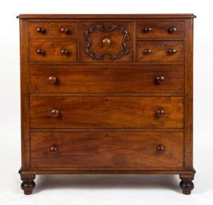 An antique Australian cedar seven drawer chest of drawers with cedar and red pine secondaries, circa 1880, 122cm high, 116cm wide, 50cm deep