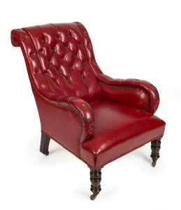 VICTORIAN GOVERNMENT SENATE armchair Australian cedar and red button back leather, 19th century, 99cm high, 68cm across the arms