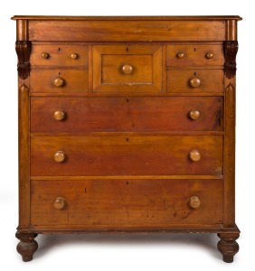 An antique Australian huon pine chest of eight drawers, kauri and red pine secondaries, circa 1880, 135cm high, 122cm wide, 55cm deep