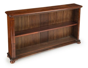 W. H. ROCKE & Co. fiddleback blackwood open front bookshelves, 19th century, bearing retailer's label, 71cm high, 121cm wide, 21cm deep