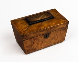 An antique tea caddy with huon pine veneer finish, 19th century, ​​​​​​​12.5cm high, 20cm wide, 11cm deep