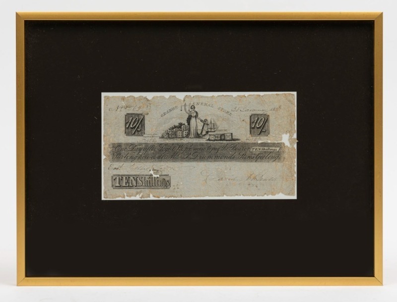 PROMISSORY NOTE: 31st January 1859 10/- note (10x19cm), issued on behalf of the Grange General Store, redeemable at Mr. P. Drummonds Stores, Geelong, engraved and printed by Thomas Ham, Melbourne; in typically fragile condition; window mounted framed & gl