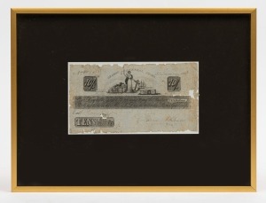 PROMISSORY NOTE: 31st January 1859 10/- note (10x19cm), issued on behalf of the Grange General Store, redeemable at Mr. P. Drummonds Stores, Geelong, engraved and printed by Thomas Ham, Melbourne; in typically fragile condition; window mounted framed & gl