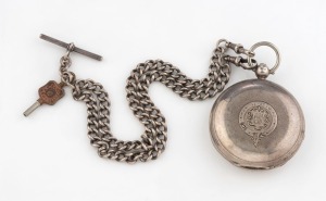 Antique silver cased full hunter pocket watch with enamel dial marked "GUNTERS, MELBOURNE, Made In England", with watch key stamped A.W. BENNETT of SALE, together with a sterling silver fob chain, 19th century,