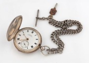 Antique silver cased full hunter pocket watch with enamel dial marked "GUNTERS, MELBOURNE, Made In England", with watch key stamped A.W. BENNETT of SALE, together with a sterling silver fob chain, 19th century, - 2