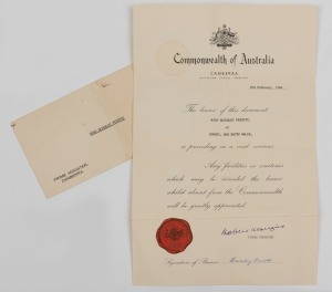 ROBERT MENZIES: bold signature on 8th February 1960 Commonwealth of Australia, Canberra, A.C.T.  letterhead, printed 'Prime Minister' seal, with original envelope.  