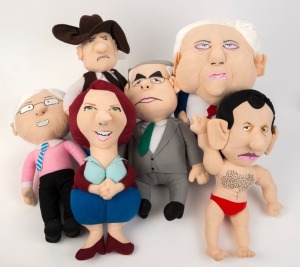 Six soft textile figures of Tony Abbott, Kevin Rudd, Wayne Swan, Julia Gillard, Clive Palmer and Bob Katter. Sold as "dog chew toys" circa 2013. This dog toy was created out of frustration. The designer at Aussie Dogs, a pet store supplier, had been liste