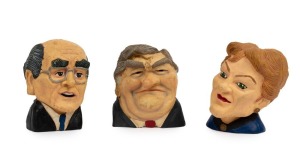 HOWARD, HANSON & BEAZLEY. Three Super Latex Ruff 'n' Tuff rubber squeaky toys for dogs, made by Masterpet, circa 1997. The toys feature caricatures of Liberal Prime Minister John Howard, One Nation Party leader Pauline Hanson and Labor leader Kim Beazley. the largest 12.5cm high